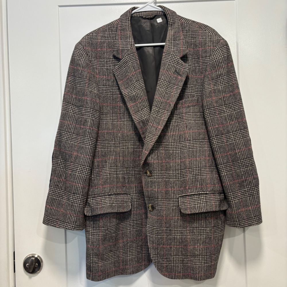 Barrister Klopfensteins Mens 100% Camel Hair Glen Plaid Blazer Elbow Patch USA